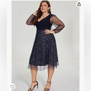 Plus Size Mesh Cocktail Party Dress V Neck Long Sleeve Sheer Formal Midi Dress
